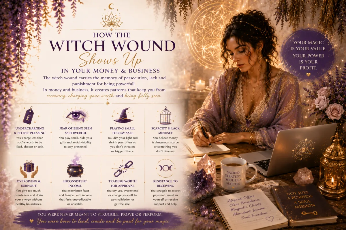 How the Witch Wound shows up in money and business, including fear of being seen, undercharging, overgiving, inconsistent income and resistance to receiving.