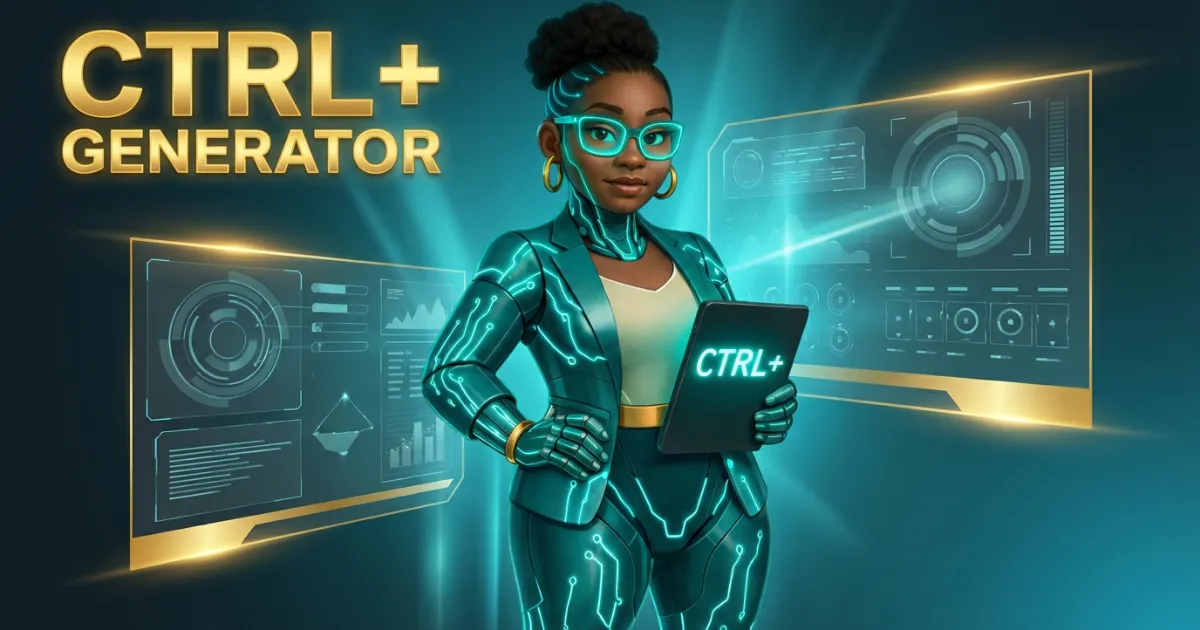 A vibrant digital illustration showing a diverse group of people—young hobbyist, mid-career creator, and business professional—collaborating around a glowing AI-powered content dashboard, with dynamic charts and creative icons, set in a modern, open workspace with soft blue gradients.