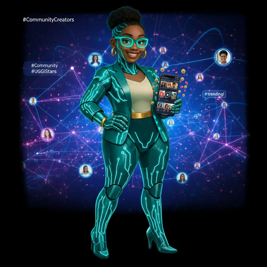 Content creator planning social media with AI tools in a modern studio