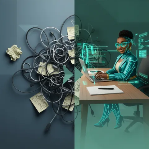 Hobbyist using AI content generator in a cozy home office