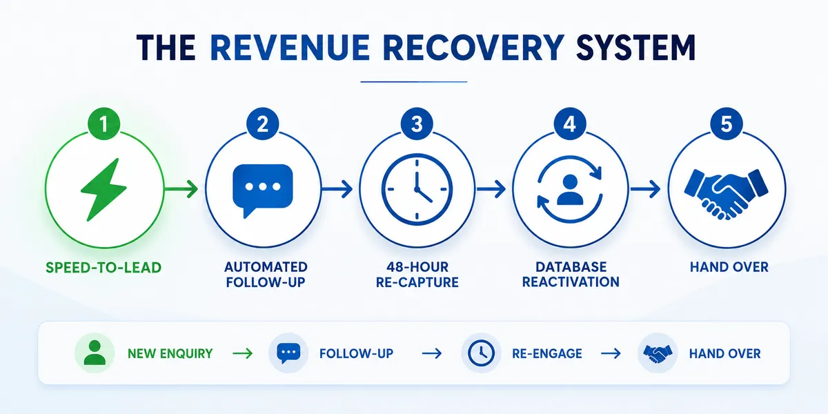 DigiFocus Revenue Recovery System showing Speed-to-Lead, Automated Follow-Up, 48-Hour Re-Capture, Database Reactivation and sales handover.