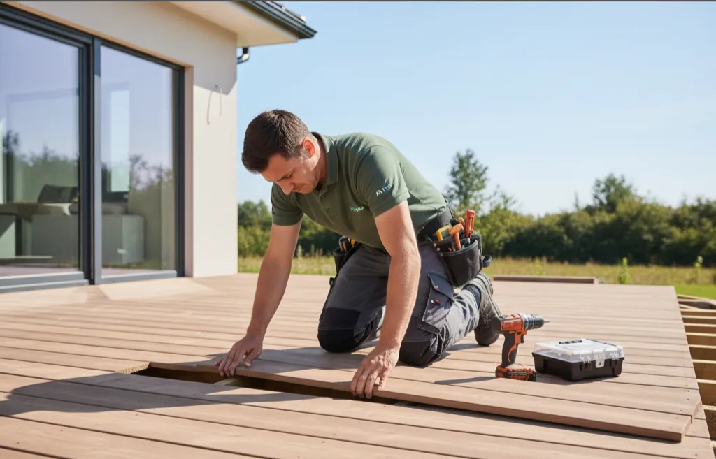 Professional fence and deck repair contractor replacing rotted wood