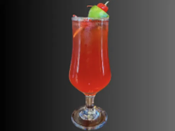 Bright cherry and lime zero-proof cocktail with maca root and ginseng for natural stamina and mood boost.