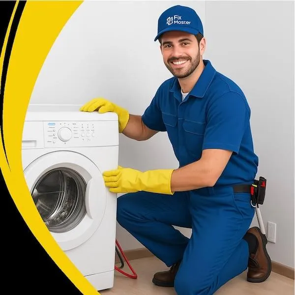 Fix Master technician inspecting washing machine during appliance repair service in Denver, Colorado