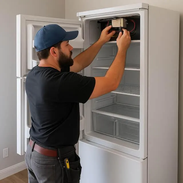 Appliance repair technician fixing a refrigerator in a modern home — Fix Master appliance service