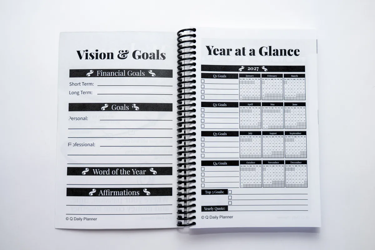 Plan the Year interior layout spread showing quarterly frameworks and annual milestones
