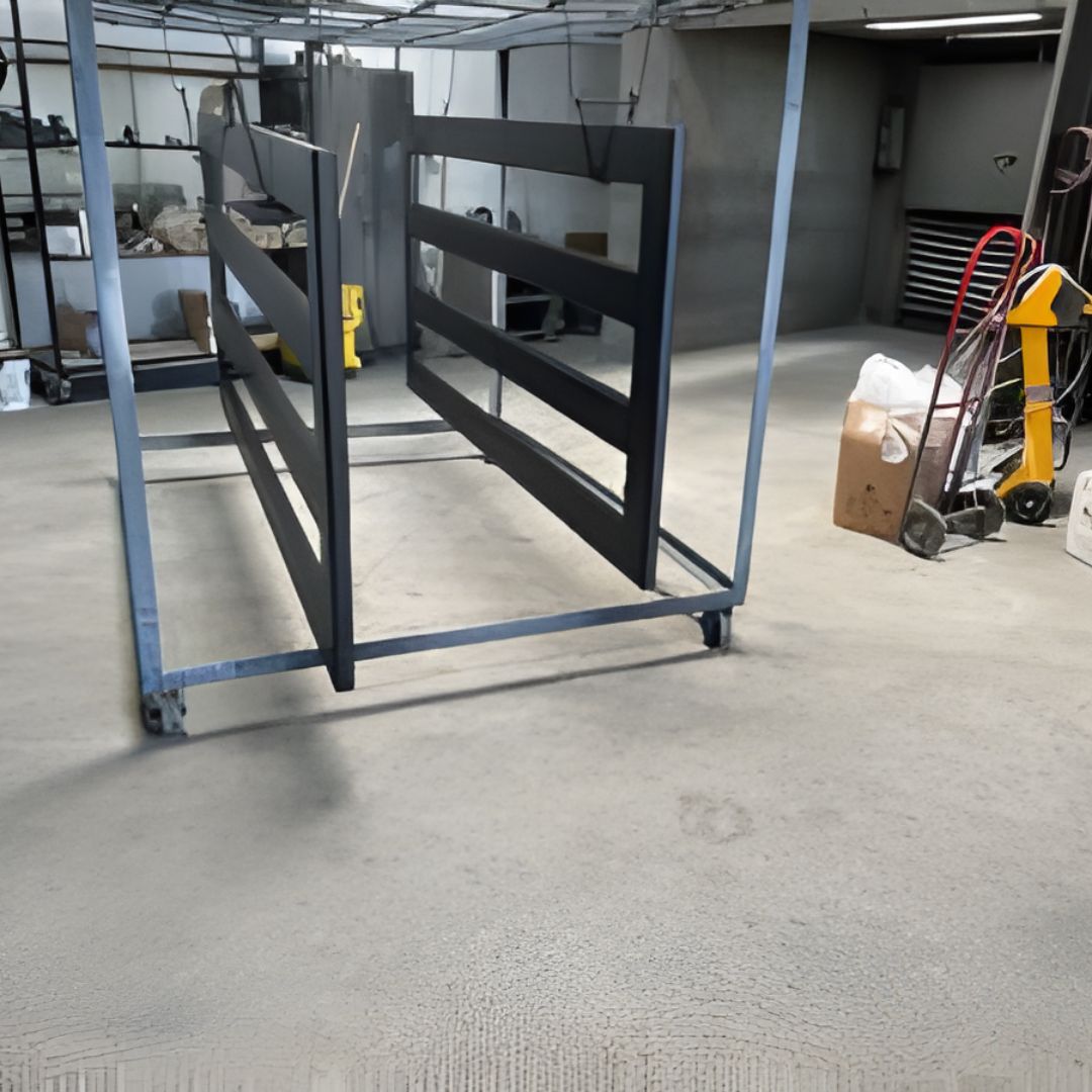 gate sections are suspended from a rolling industrial rack in a workshop