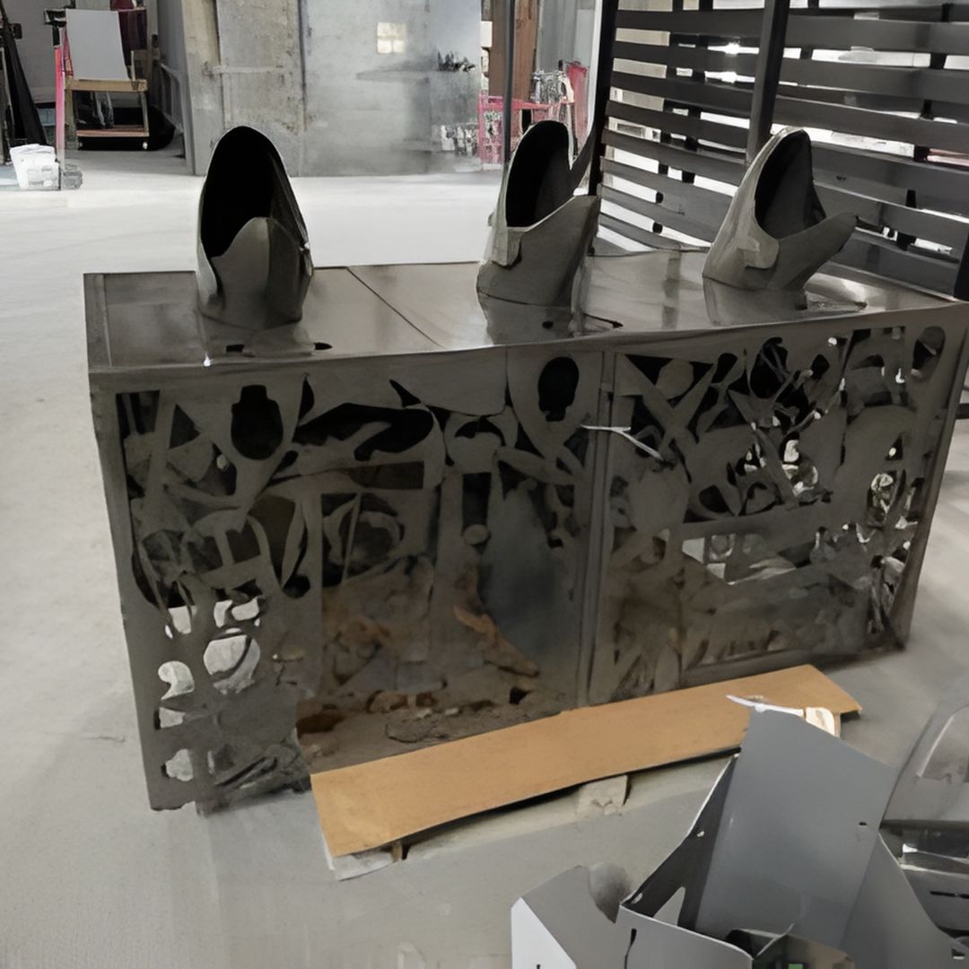 Custom fabricated metal box with decorative cut-out panels and vent components inside a workshop.