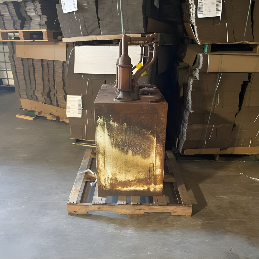 A large, square copper or brass-toned tank