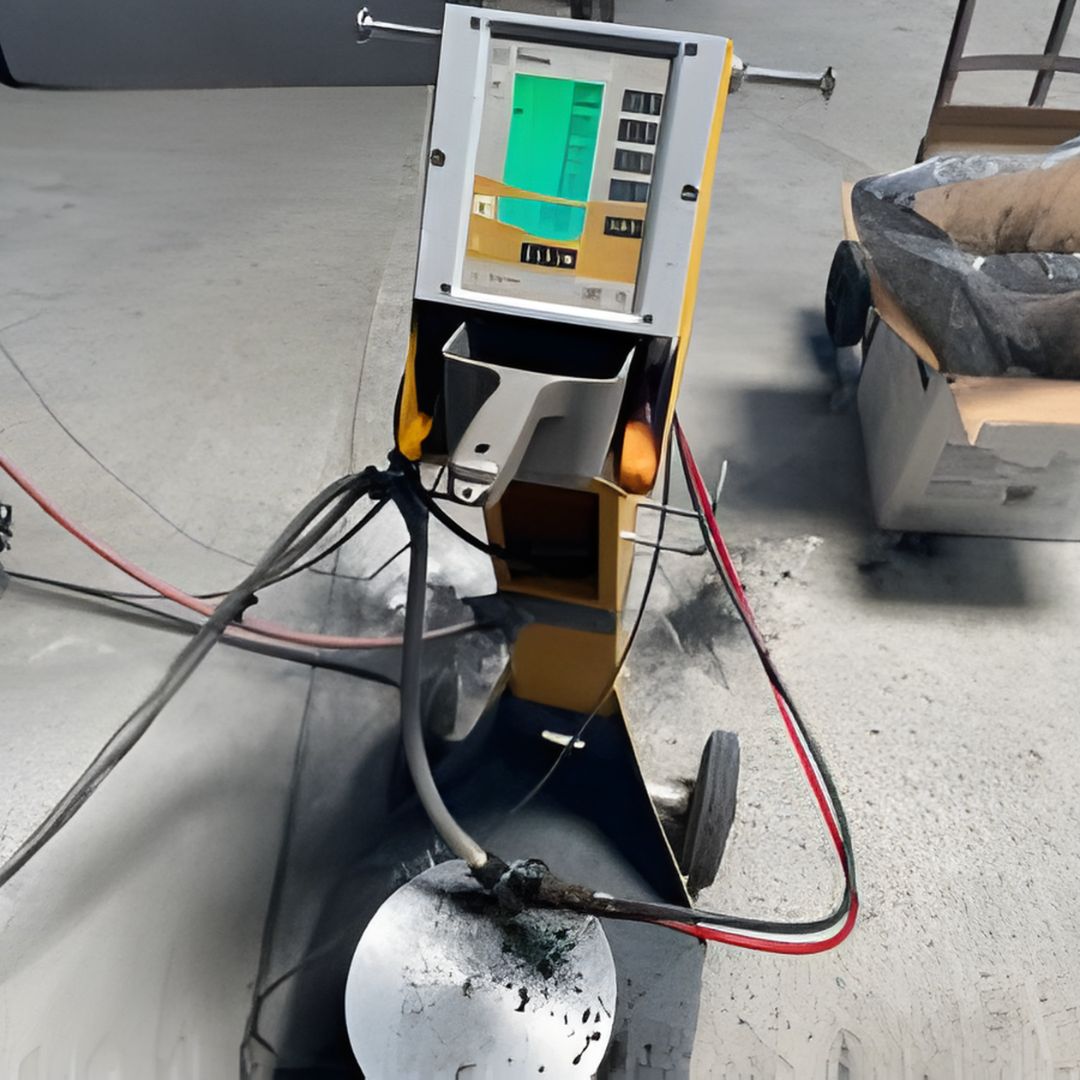 Powder coating machine with digital control panel connected to air hoses inside an industrial workspace.