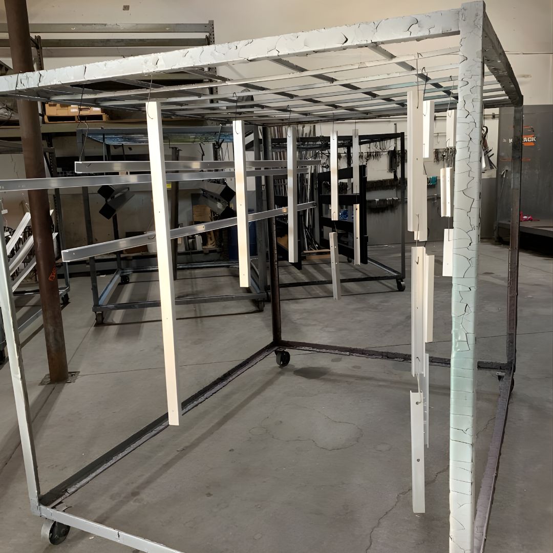 Metal frames and components arranged on racks for drying or powder coating preparation.