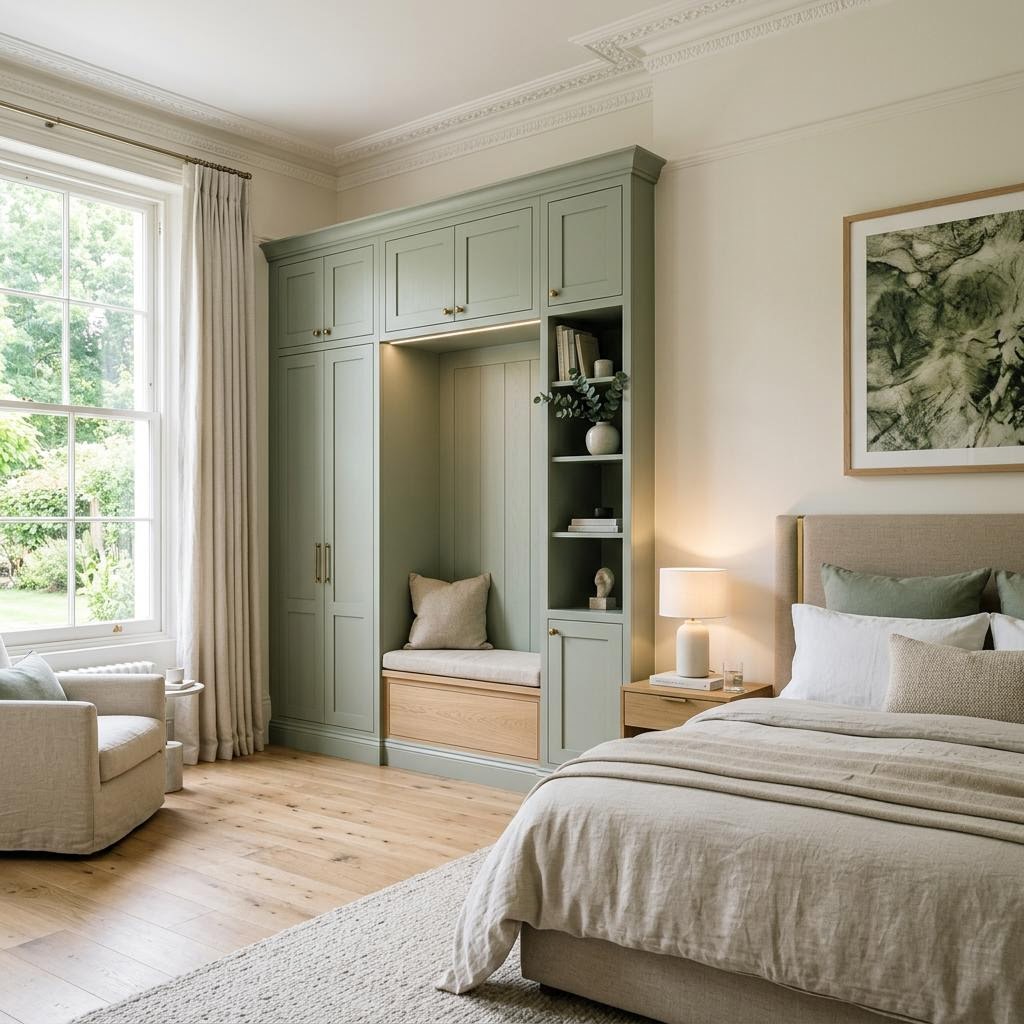 Bespoke sage-green joinery and fitted wardrobes in a bright bedroom