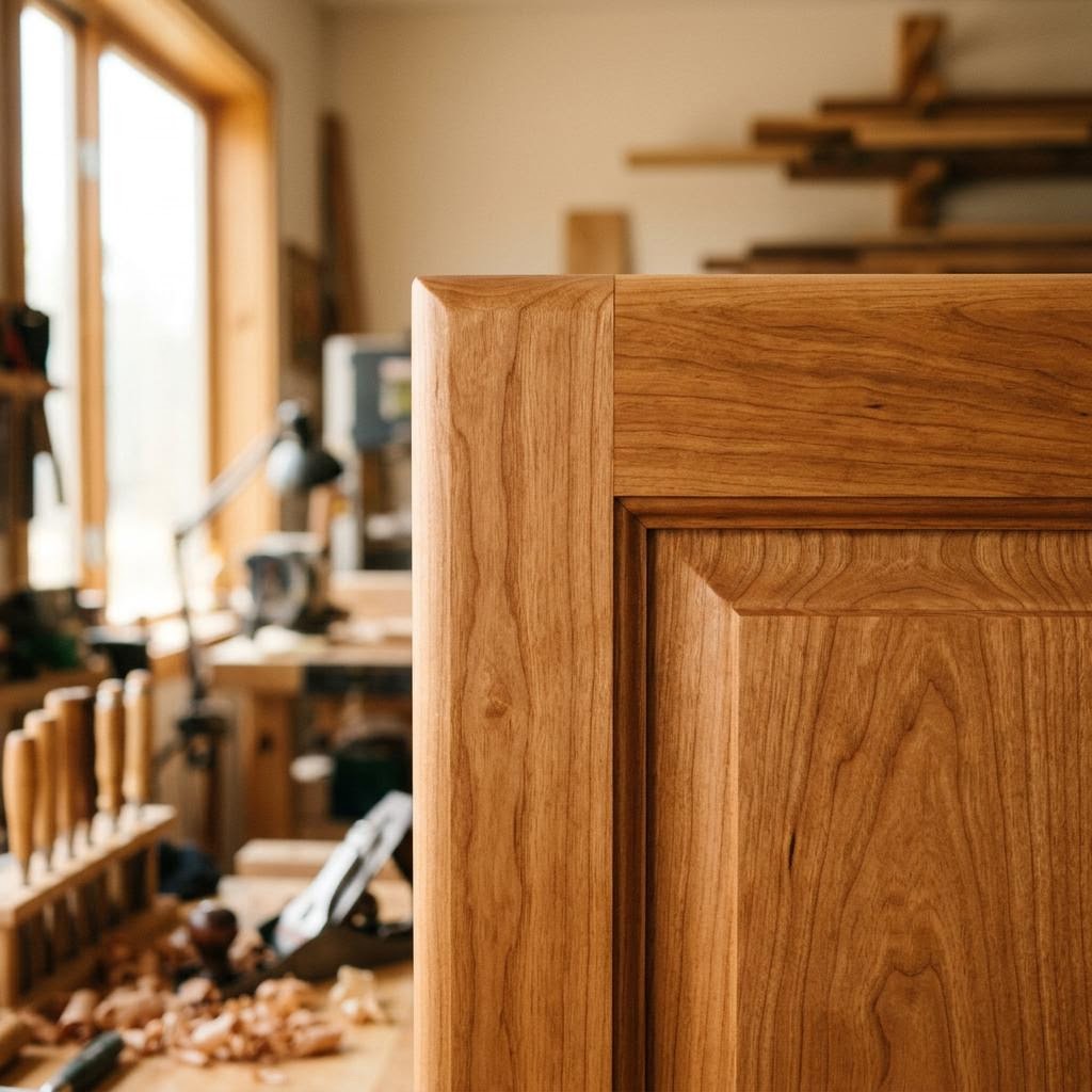 Close-up of premium cabinetry craftsmanship highlighting rich wood grain details