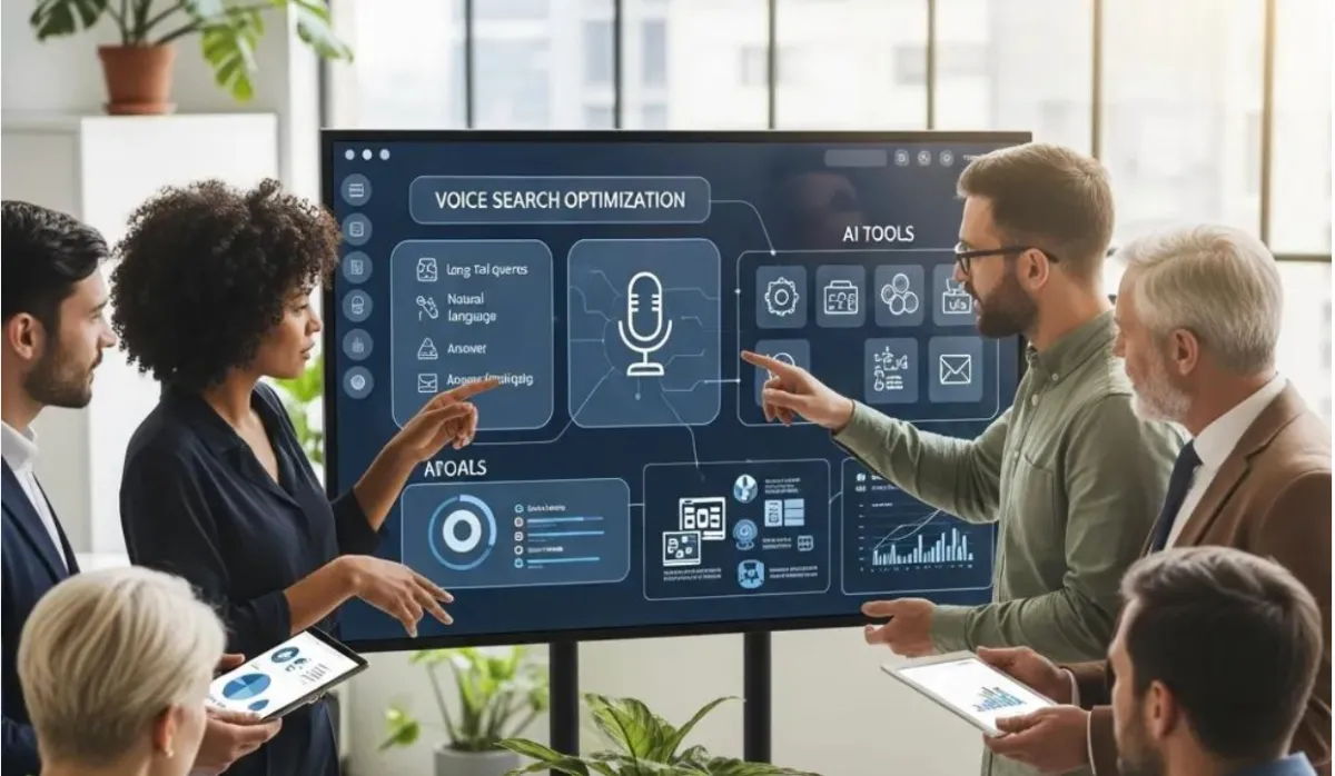 Professionals collaborating on digital marketing strategies for voice search optimization
