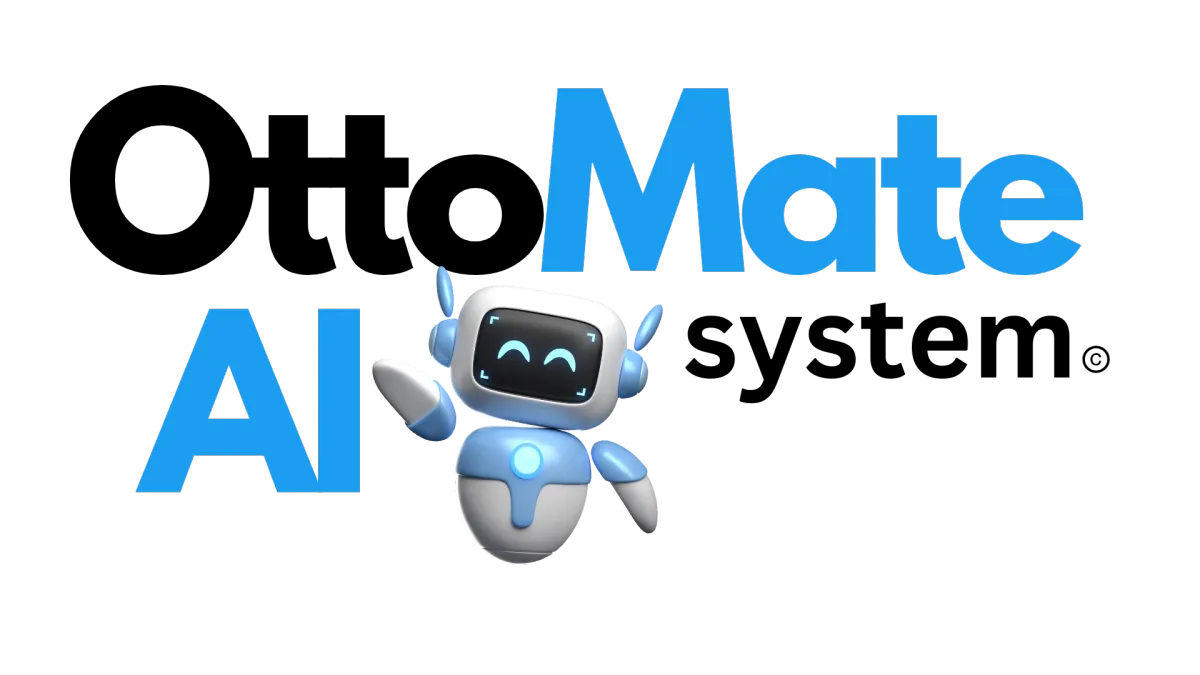 AI chatbot character named Ottomate, smiling and waving, with the text "AI Mate" in blue, representing AI solutions for small businesses.