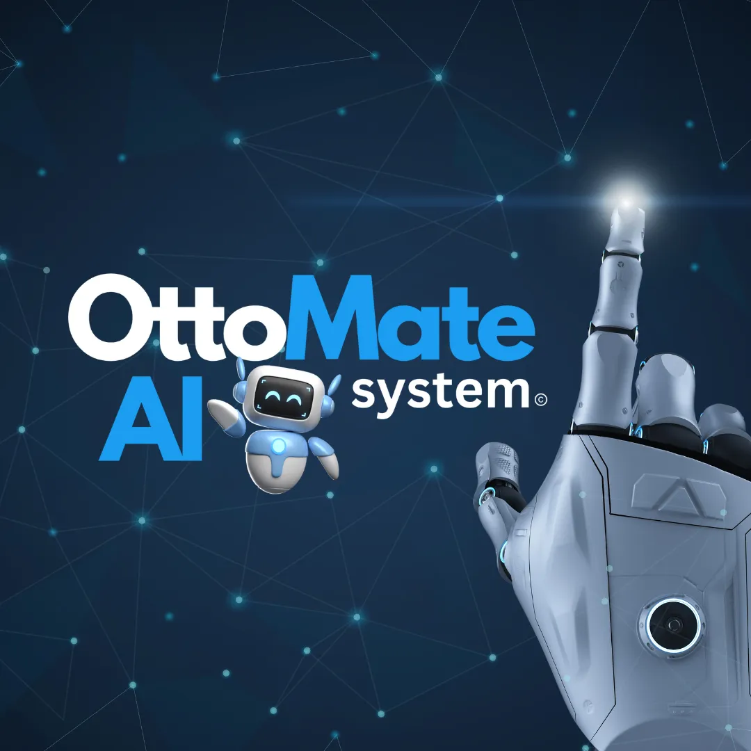 Ottomate AI logo featuring a friendly robot character and a robotic hand pointing, symbolizing advanced AI solutions for small businesses.