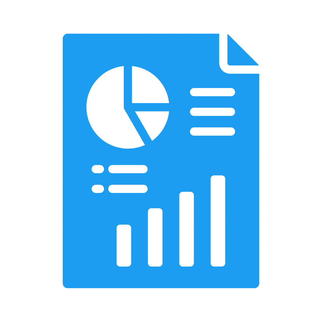 Blue document graphic featuring a pie chart and bar graph, representing live dashboard and reporting for tracking traffic, leads, and conversions in AI-powered website solutions.