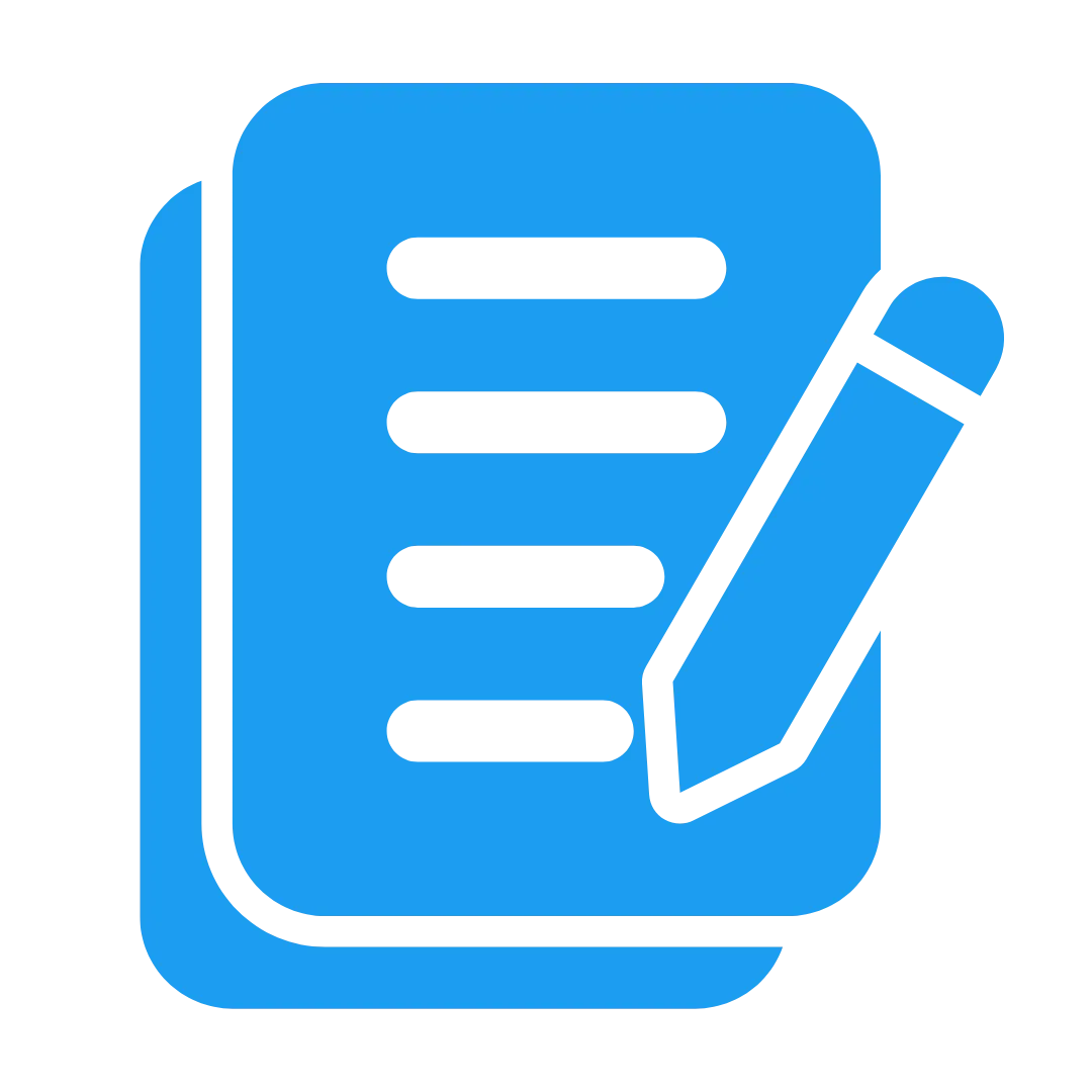 AI-generated content creation and SEO optimization icon, featuring a blue notepad with lines and a pencil, symbolizing automated writing and digital marketing solutions for businesses.
