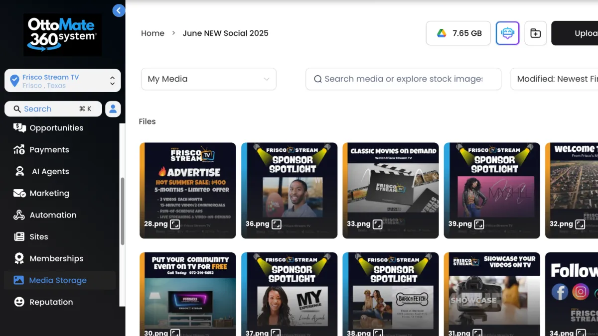 Ottomate 360 media storage interface displaying various promotional images for Frisco Stream TV, showcasing advertising options and community events.
