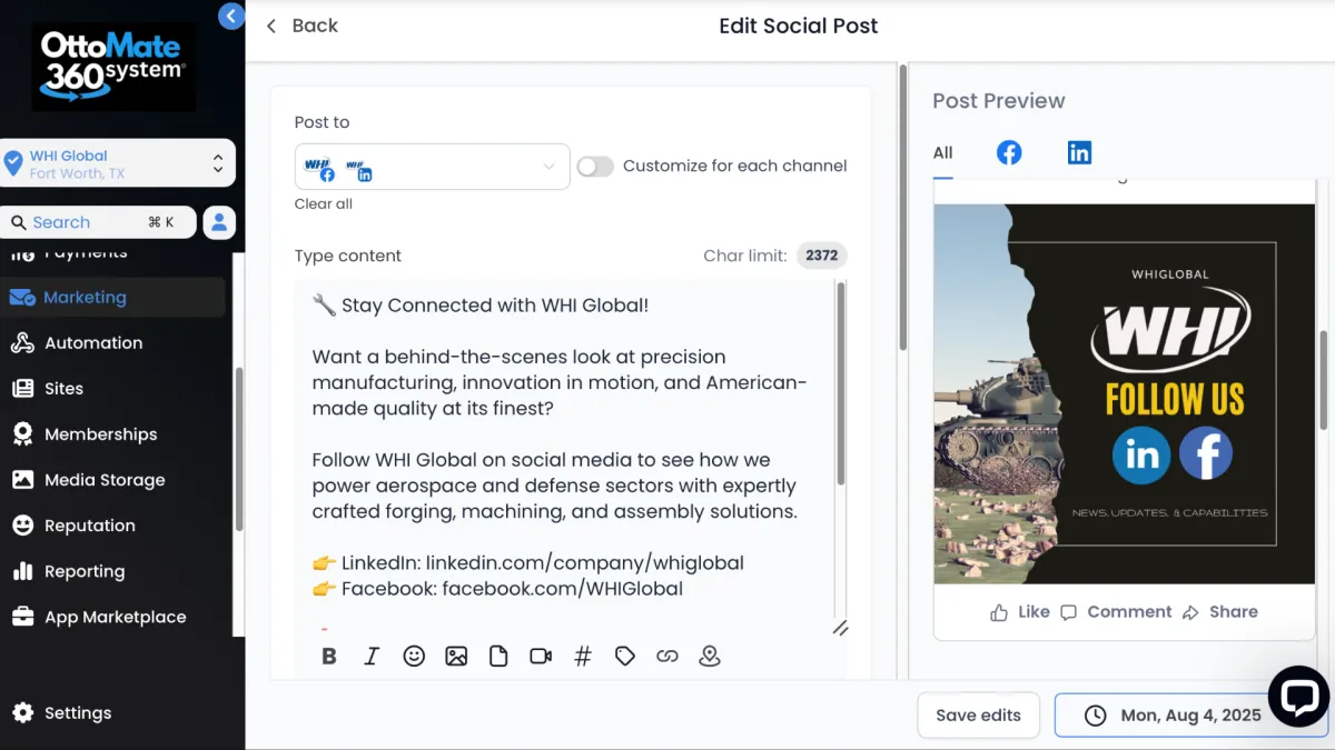 Social media management interface showcasing post editing for WHI Global, featuring branding elements, character limit, and social media icons for Facebook and LinkedIn.