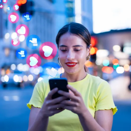 Woman in yellow shirt using smartphone with social media icons like hearts and thumbs up in the background, representing engagement and connectivity in digital marketing for busy business owners.