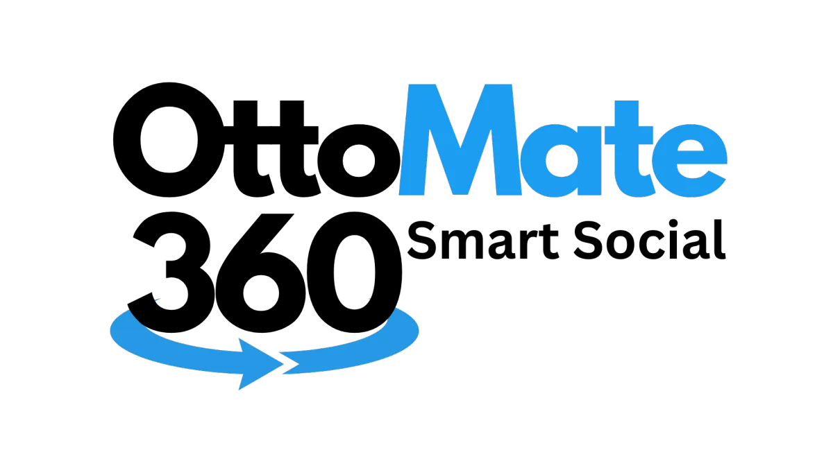 Ottomate 360 logo featuring the word "Mate" in blue with a curved arrow symbolizing smart social media solutions for business owners.