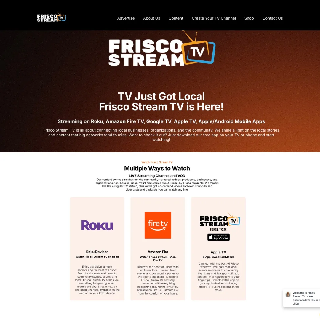 Frisco Stream TV logo with tagline "FRISCO STREAM TV is on the AIR!" and streaming options for Roku, Amazon Fire, Apple TV, and Android devices, showcasing local content and live streaming services.