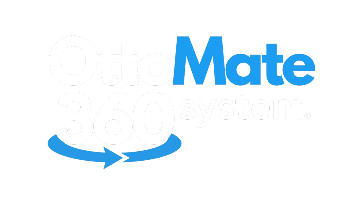 OttoMate 360 system logo featuring bold text with a blue arrow, representing website, seo, reviews, and social media management