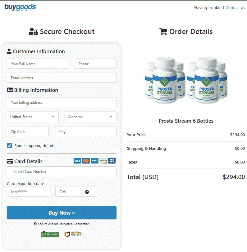 ProstaStream Secure Checkout page