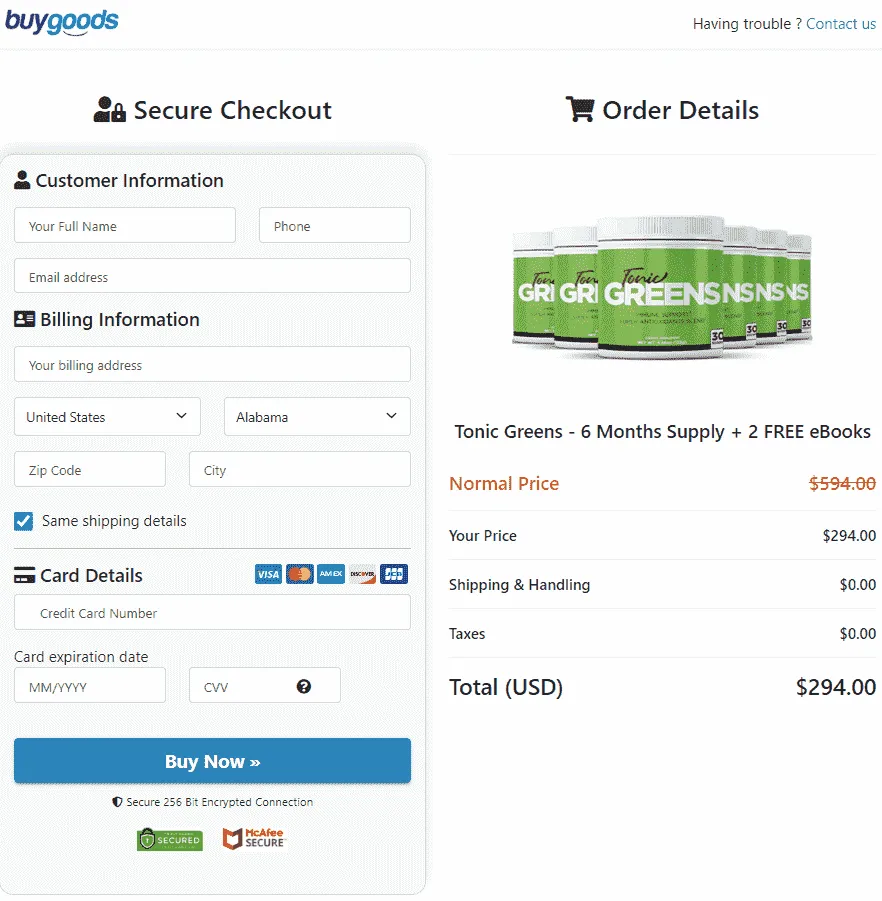 Tonic Greens secure checkout page