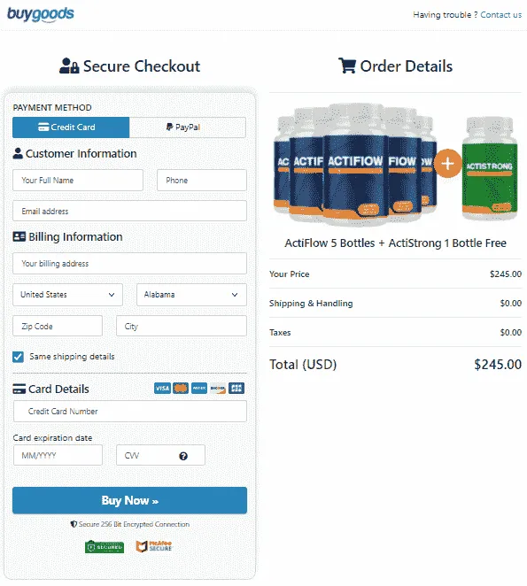 Actiflow Secure Checkout page