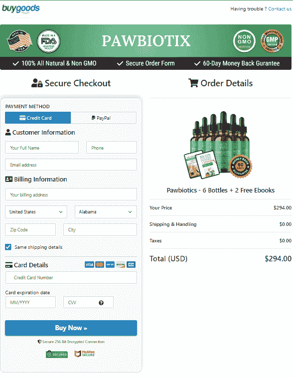 Pawbiotix secure checkout page