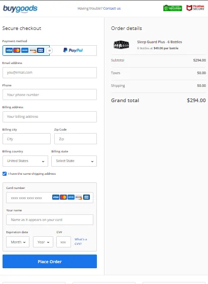 Sleep Guard Plus Secure Checkout page