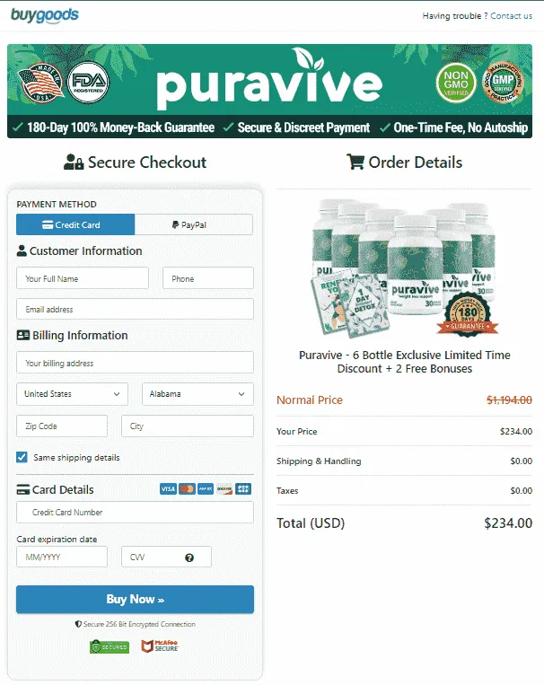 PuraVive Secure Checkout Page