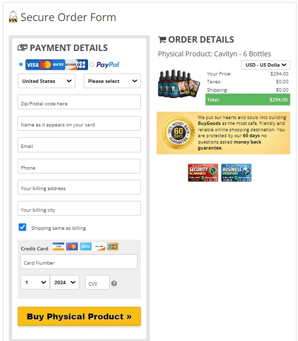 Cavityn Secure Checkout page