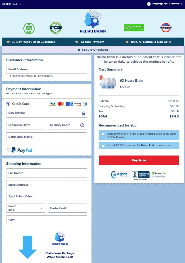 Neuro Brain secure checkout page