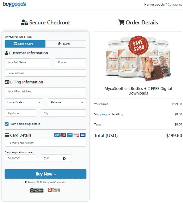 MycoSoothe Secure Checkout page