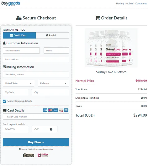 Skinny Love secure checkout page