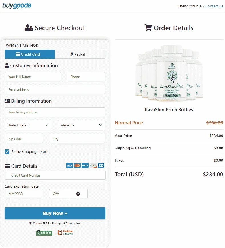 KavaSlim Pro Secure Checkout Page