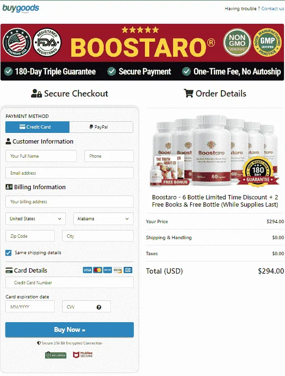 Boostaro secure checkout page