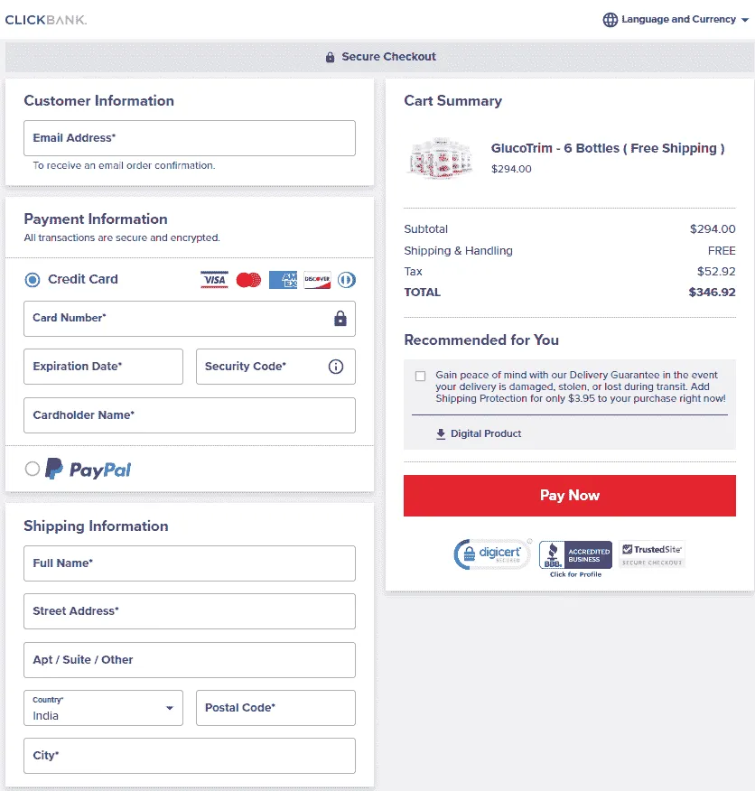 GlucoTrim Secure Checkout Page