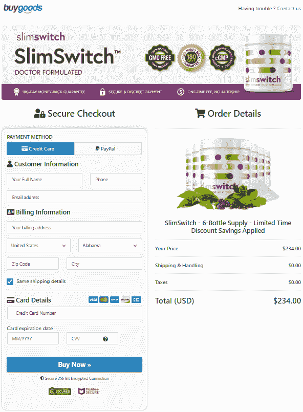 SlimSwitch Secure Checkout page