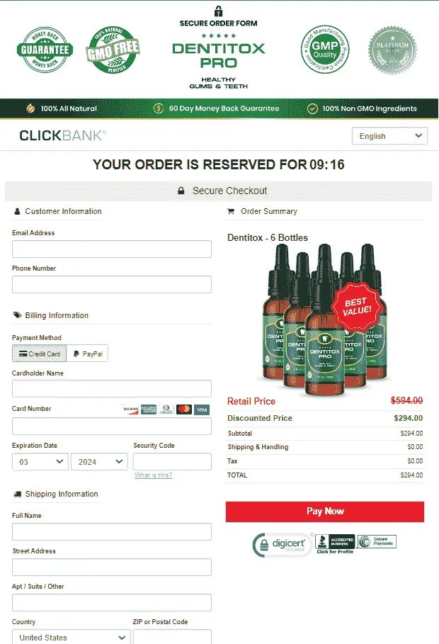 Dentitox Pro secure checkout page