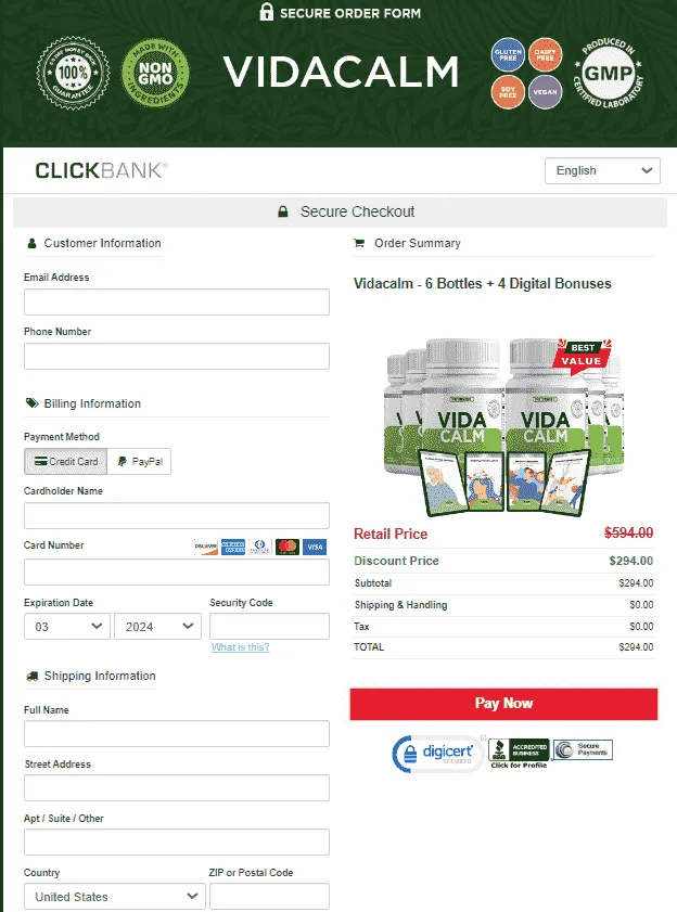 VidaCalm secure checkout page