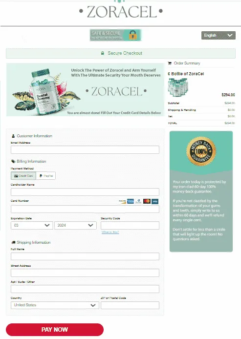 Zoracel secure checkout page