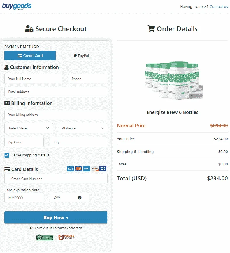 Energize Brew Secure Checkout Page