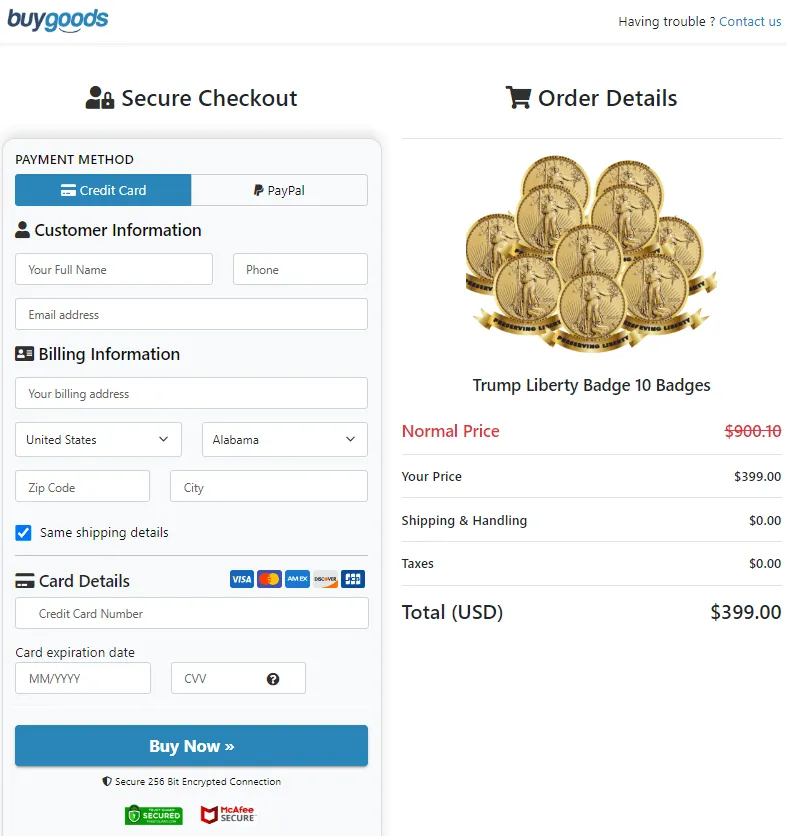 Trump Liberty Badge secure checkout