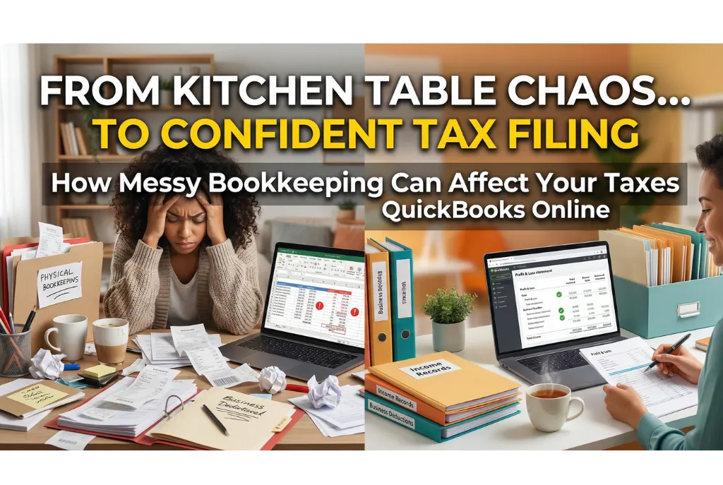 The image features a side-by-side comparison illustrating the transition from disorganized to organized bookkeeping.