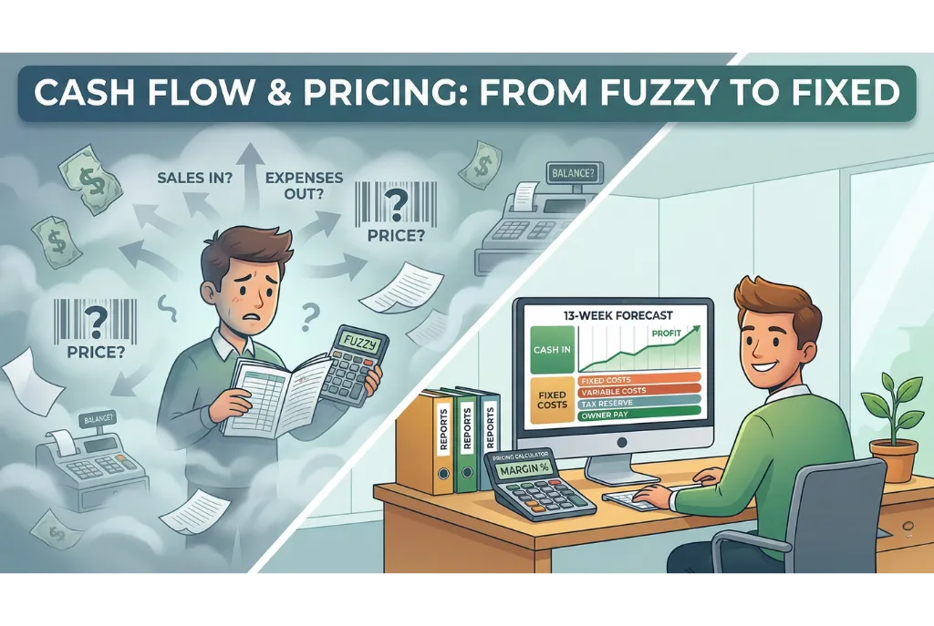 A split-screen illustration titled "Cash Flow & Pricing: From Fuzzy to Fixed." The left side depicts a confused small business owner surrounded by a literal fog, with floating question marks over icons of a cash register, "fuzzy" calculators, and vague arrows labeled "Sales In?" and "Expenses Out?" symbolizing financial uncertainty. The right side shows the same owner looking confident and calm at a clean desk. He is looking at a computer screen displaying a "13-Week Forecast" with clear sections for "Cash In," "Fixed Costs," and "Profit." On his desk are organized report binders and a calculator clearly showing "Margin %," representing a transition to financial clarity and intentional pricing.