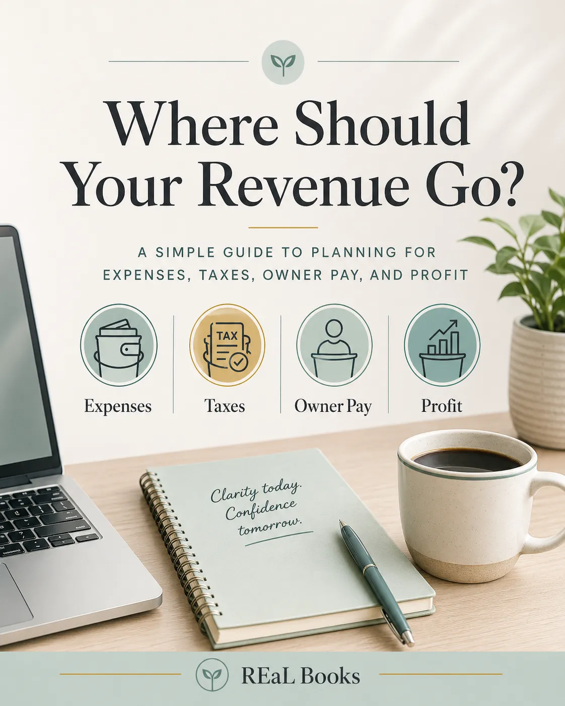 Cover image for a REaL Books blog titled “Where Should Your Revenue Go?” showing a calm desk setup with a laptop, notebook, coffee mug, and plant, plus icons for expenses, taxes, owner pay, and profit in a soft sage, gold, teal, and charcoal color palette.